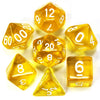 A collection of yellow acrylic dice, including a d12, d20, and d6, scattered on a white surface.
