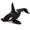 A black and white lifelike orca whale plush toy with a sleek body and fins.