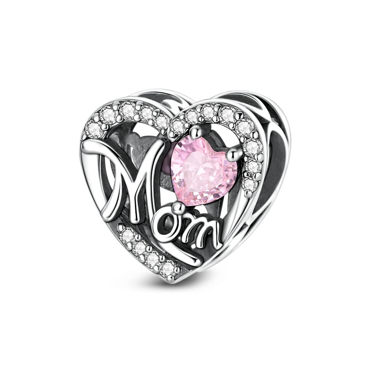 Silver-Plated Heart Charm Bead with Cubic Zirconia for Bracelets and DIY Jewelry