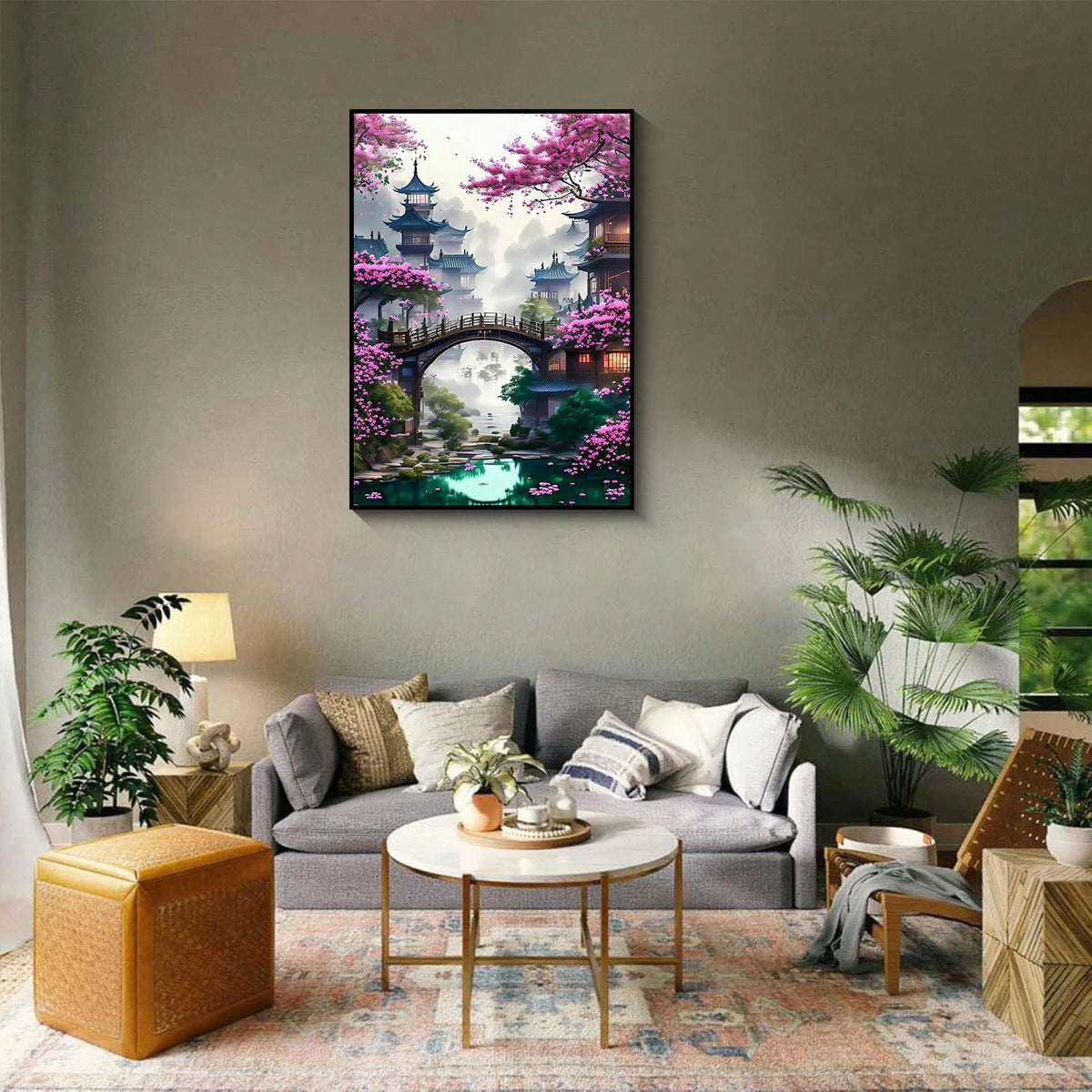 A painting of a traditional Chinese-style landscape featuring pink blossoms and architecture.