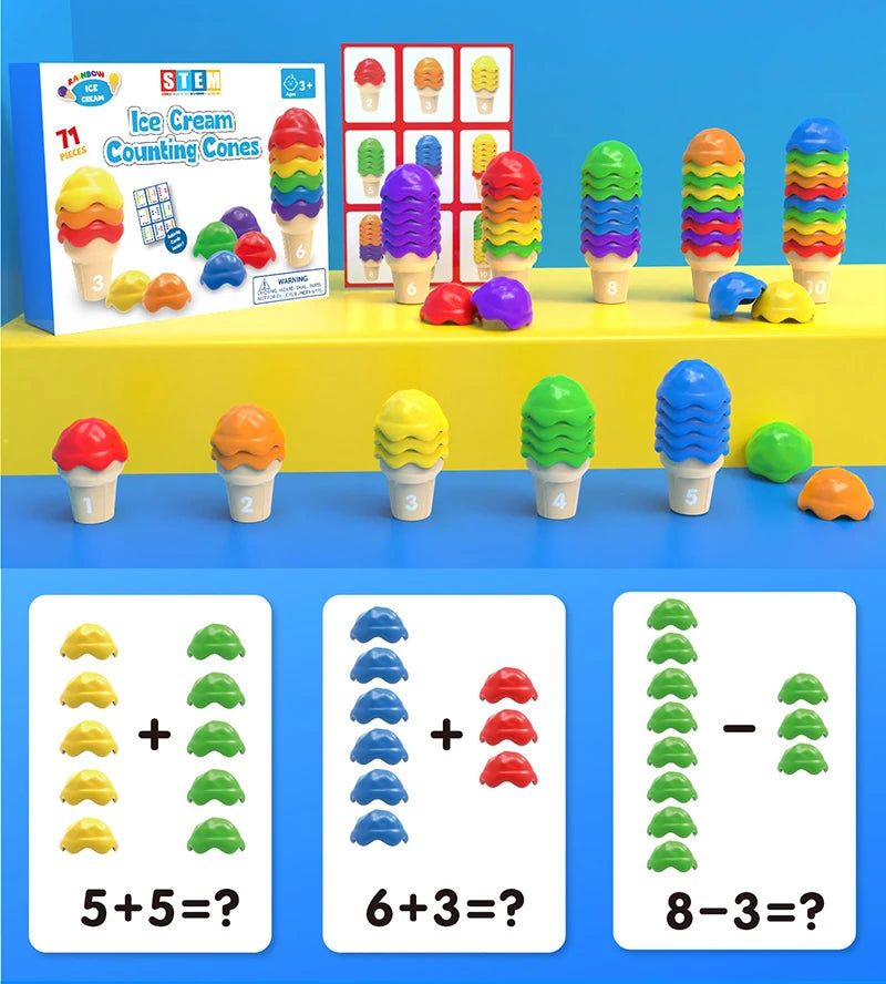 A set of ice cream counting cones and sorting cards for early learning Montessori activities.