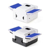 A white portable automatic card shuffler device with blue accents and a black base.