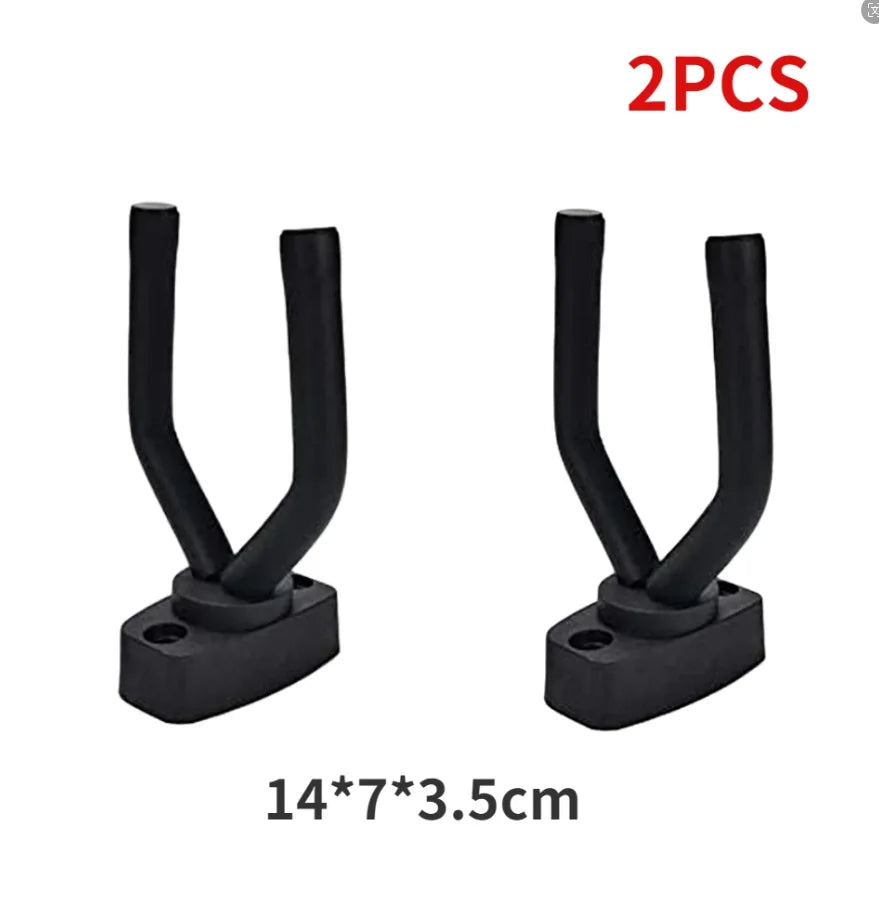 Two black wall mount guitar hangers with non-slip holders, measuring 14x7x3.5cm.