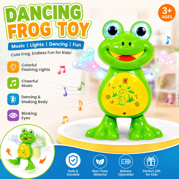 A bright green electric dancing frog toy with blinking eyes and colorful flashing lights sitting on a white surface.