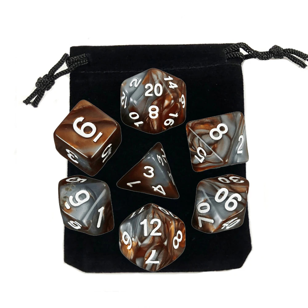 A set of polyhedral dice, including d10s and d20s, stored in a black fabric bag.