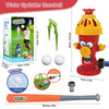 A red water sprinkler toy shaped like a fire hydrant, complete with a baseball-shaped nozzle and a handle.