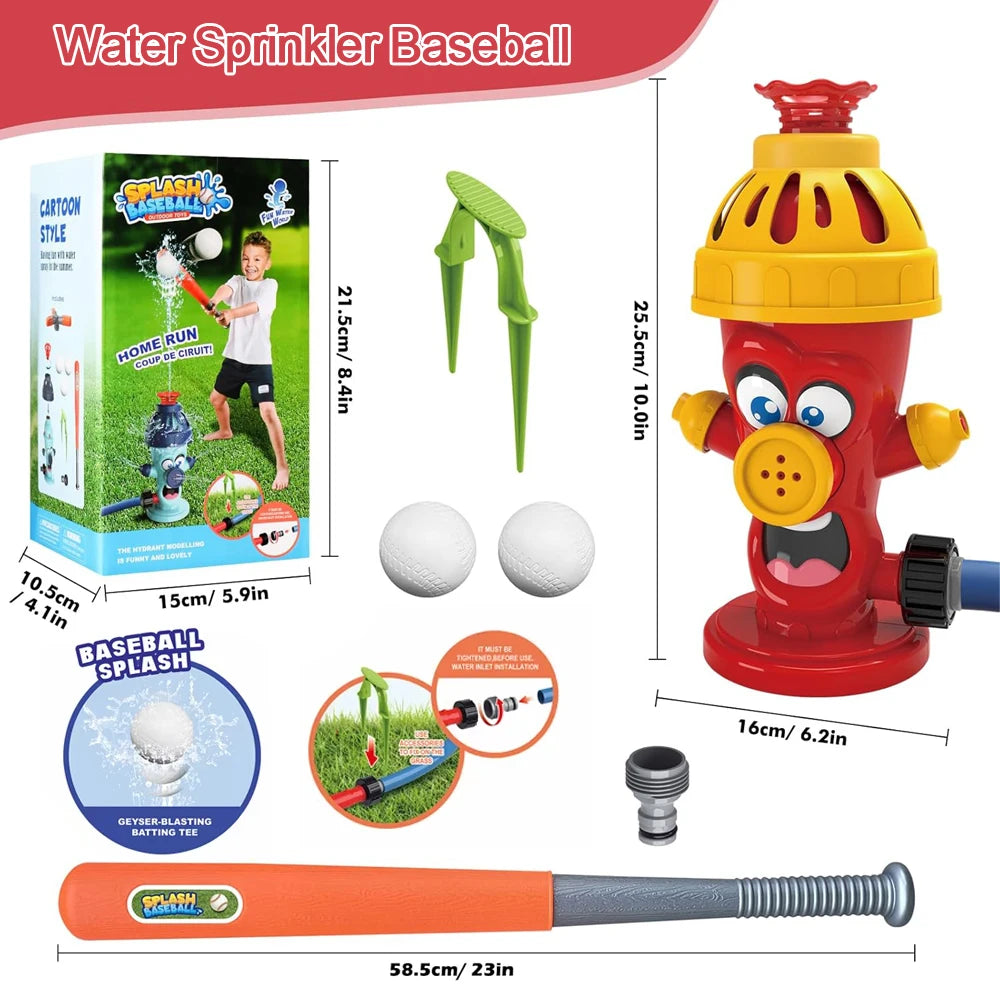 A red water sprinkler toy shaped like a fire hydrant, complete with a baseball-shaped nozzle and a handle.