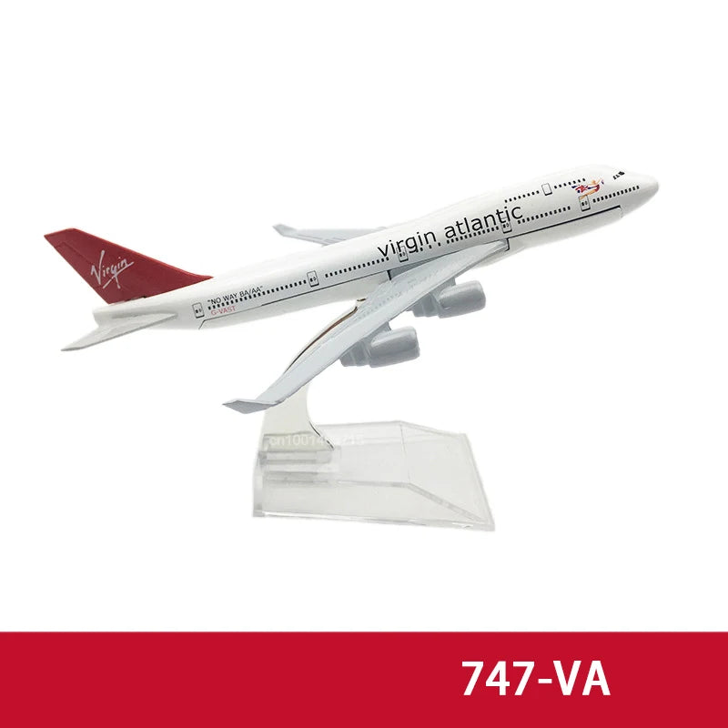 A diecast model of a Virgin Atlantic airplane in white and red livery.