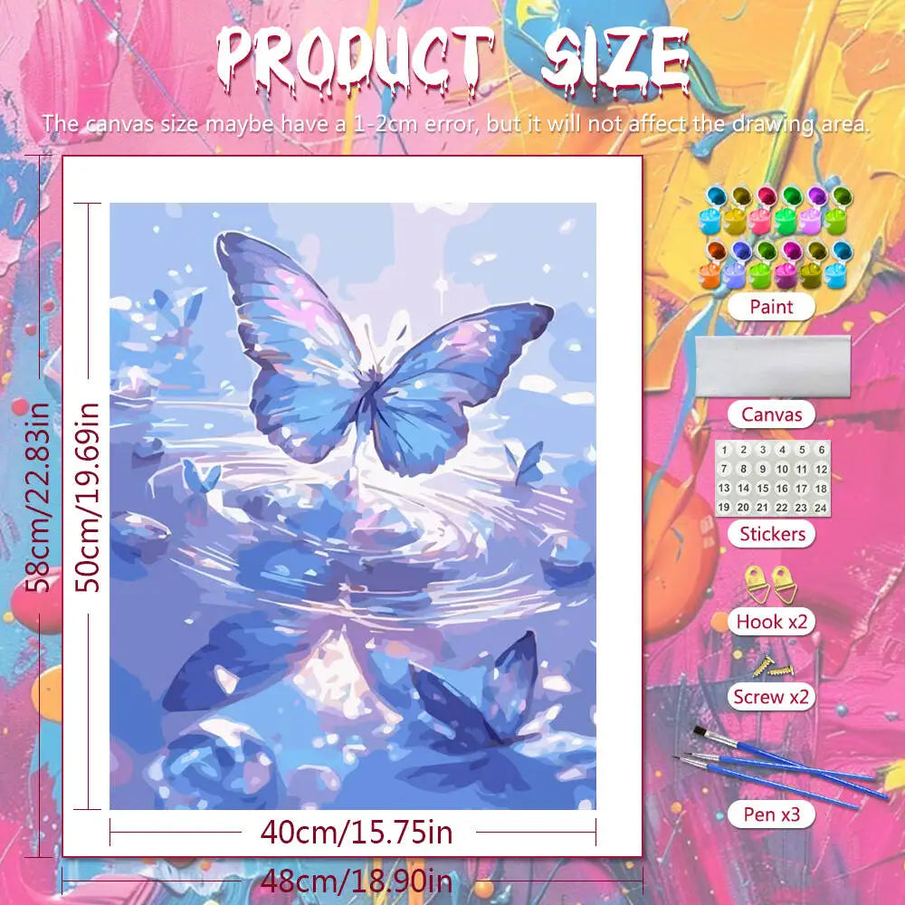 A butterfly paint by numbers kit showing a watercolor painting of a blue butterfly on canvas with tools.