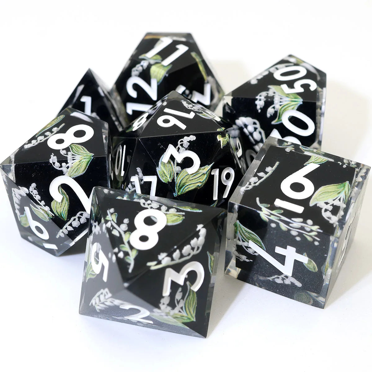 Handmade Resin D&D Dice Set – 7 Polyhedral Dice with Floral Design