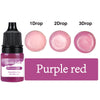 A bottle of purple red liquid candle dye with three dropper bottles showing 1, 2, and 3 drops.