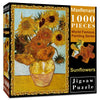 A box of a 1000-piece jigsaw puzzle featuring sunflowers in a vase, with the brand MaxRenard visible.