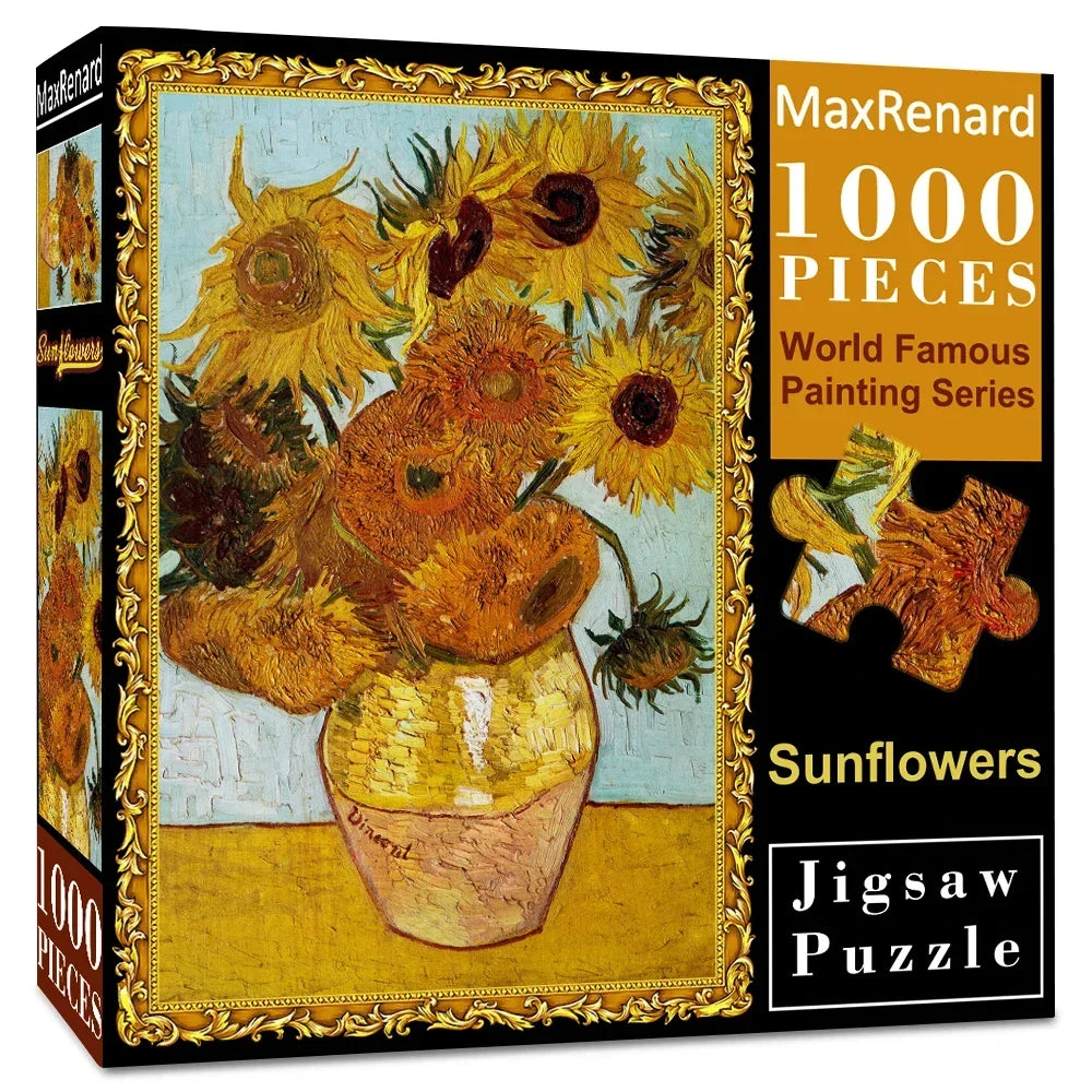 A box of a 1000-piece jigsaw puzzle featuring sunflowers in a vase, with the brand MaxRenard visible.