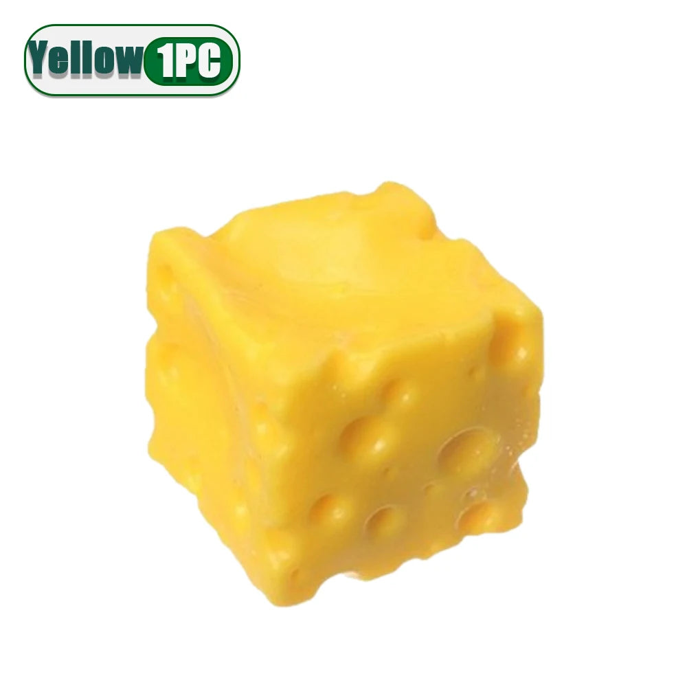 A yellow cheese wedge squishy stress relief toy.