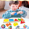 A toddler is playing with a wooden shape and color sorting puzzle featuring circle, square, triangle, and rectangle pieces.