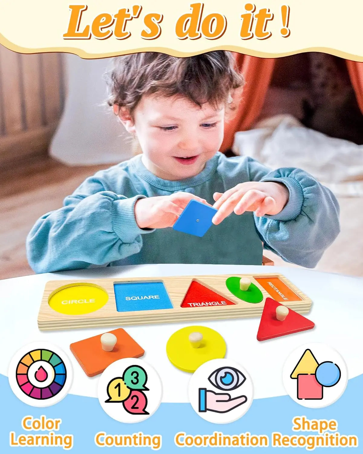 A toddler is playing with a wooden shape and color sorting puzzle featuring circle, square, triangle, and rectangle pieces.