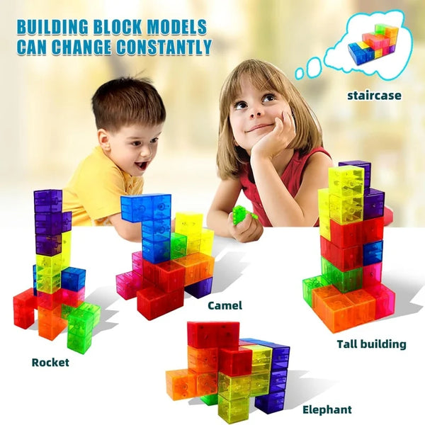 Children building various models like a staircase, camel, rocket, and elephant from colorful magnetic blocks.