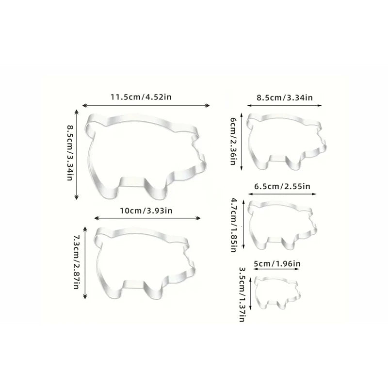 A set of pig-shaped stainless steel cookie cutters in various sizes.