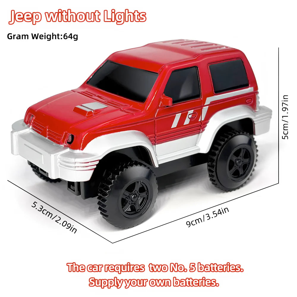 A red and white Jeep toy car without lights, measuring 5cm long.