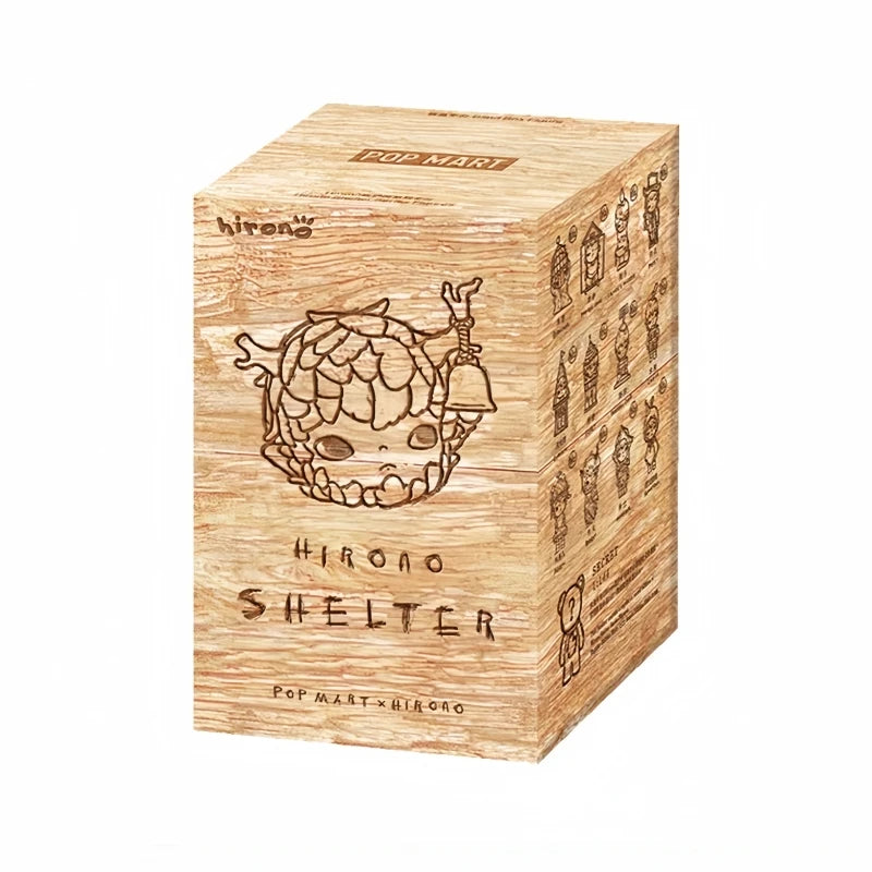 A cardboard box for a Hirono Shelter collectible figurine featuring a stylized, horned face design.
