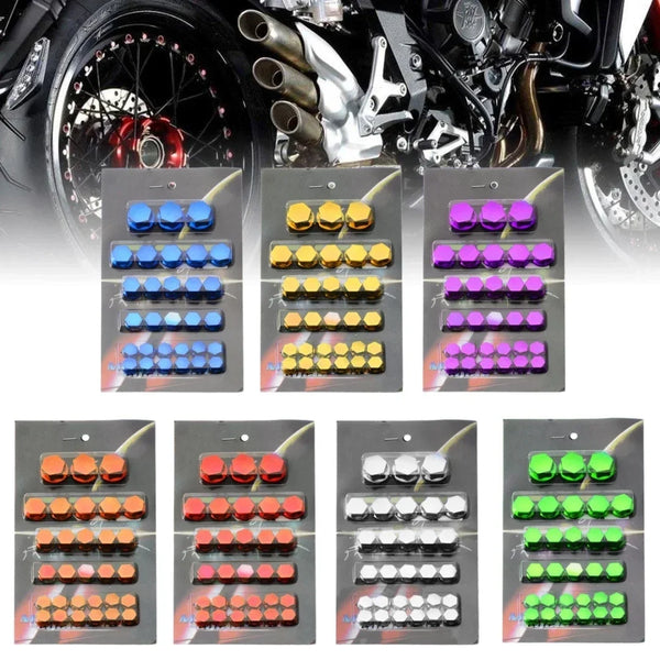 A collection of decorative screw cap covers in various colors and styles for motorcycle parts.