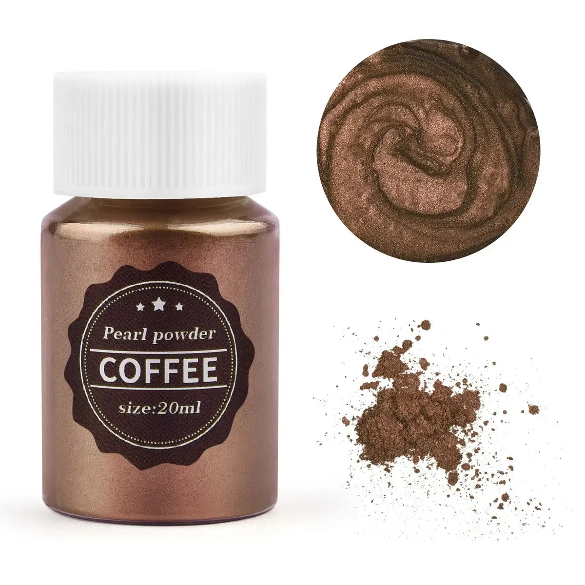 A glass jar of brown pearl powder labeled Coffee with a circular swatch of the powder and loose powder scattered on a white b