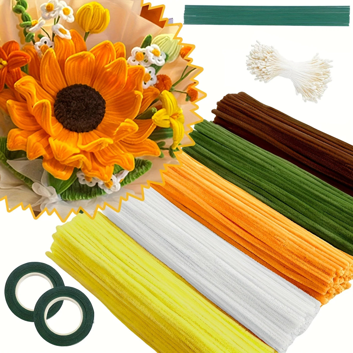 Collection de cure-dents orange, jaune, blanc et vert pour fleurs et loisirs créatifs DIY.