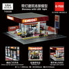 1/64 scale ENOOS store diorama featuring a service room and parking lot with LED lighting