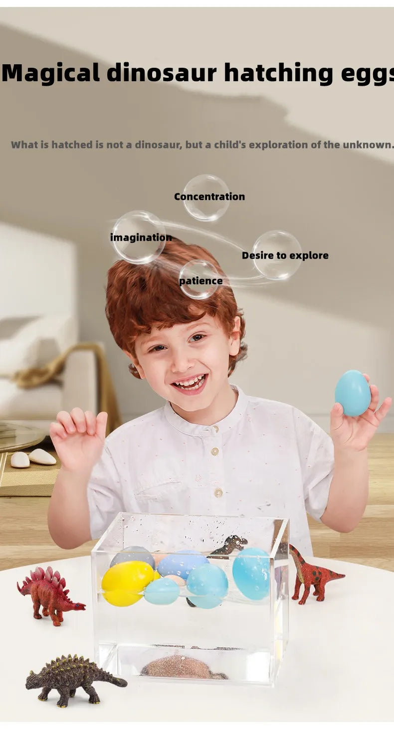 A smiling child holds various colored dinosaur eggs and toys in a clear box, demonstrating imagination and patience.
