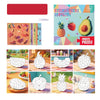 A collection of sticker puzzles featuring various geometric designs and fruit shapes for kids.