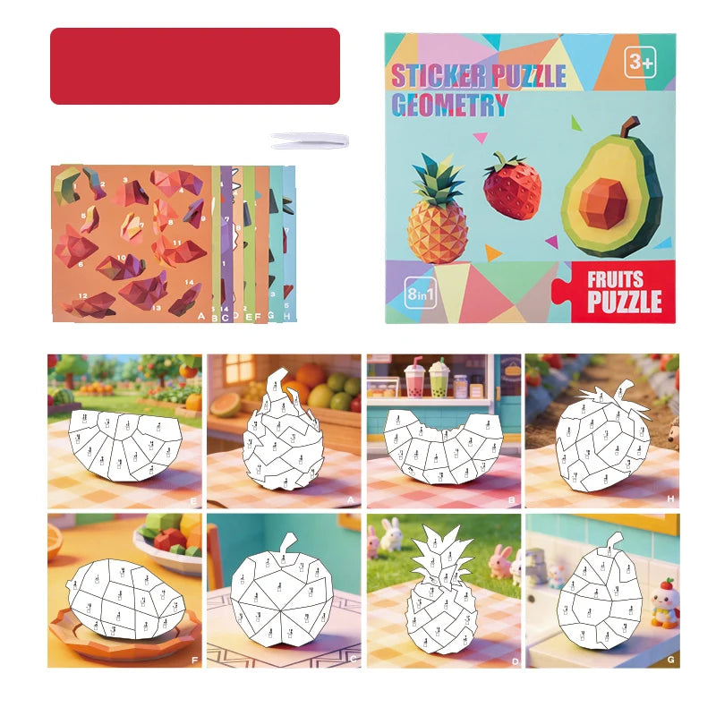 A collection of sticker puzzles featuring various geometric designs and fruit shapes for kids.