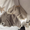 A beige and brown striped kids cotton pullover sweatshirt laid flat on a white surface.