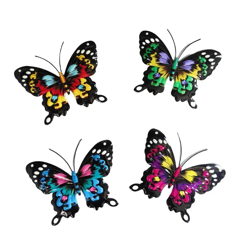 Set of four decorative iron butterfly wall art for garden and fence featuring vibrant colors