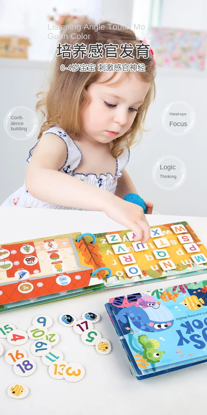A toddler is interacting with a Montessori quiet book featuring colorful letters and reusable stickers.