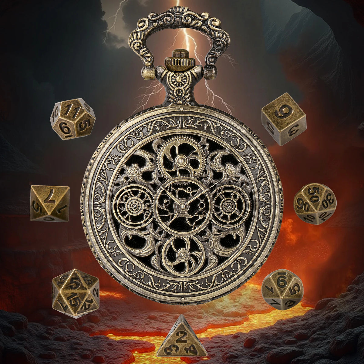 Vintage Pocket Watch Style Dice Set with 7 Polyhedral Metal Dice
