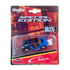 Diecast model of a blue Bugatti Chiron car in a clear plastic blister packaging.