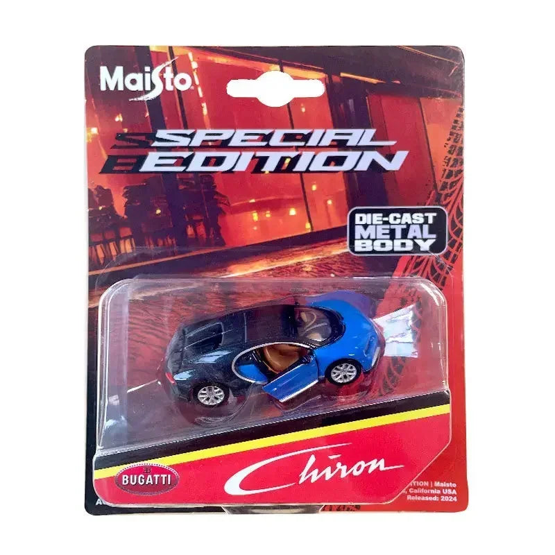 Diecast model of a blue Bugatti Chiron car in a clear plastic blister packaging.