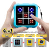 A hand holds a blue electronic tic tac toe game console with a grid display and accessories.
