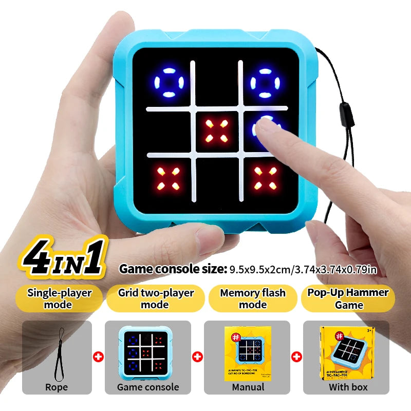 A hand holds a blue electronic tic tac toe game console with a grid display and accessories.