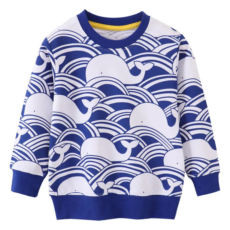 Blue and white whale print long sleeve pullover sweatshirt for kids
