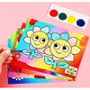 A set of colorful paint and paper for a DIY cartoon coloring painting kit for kids