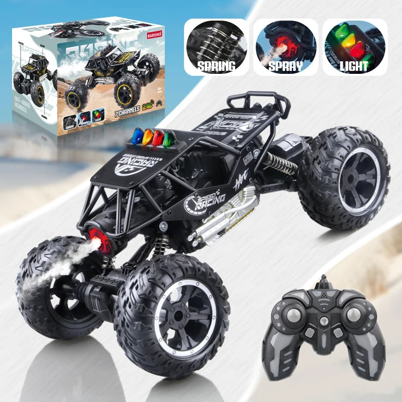 A black off-road RC car with large tires and lights is shown next to accessories and a game controller.