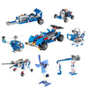 A set of blue and gray STEM robotics engineering kits including a wheeled robot, a robotic arm, and a mechanical structure.