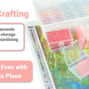 Diamond painting storage trays with lids and an organizer rack showing various colored diamonds.