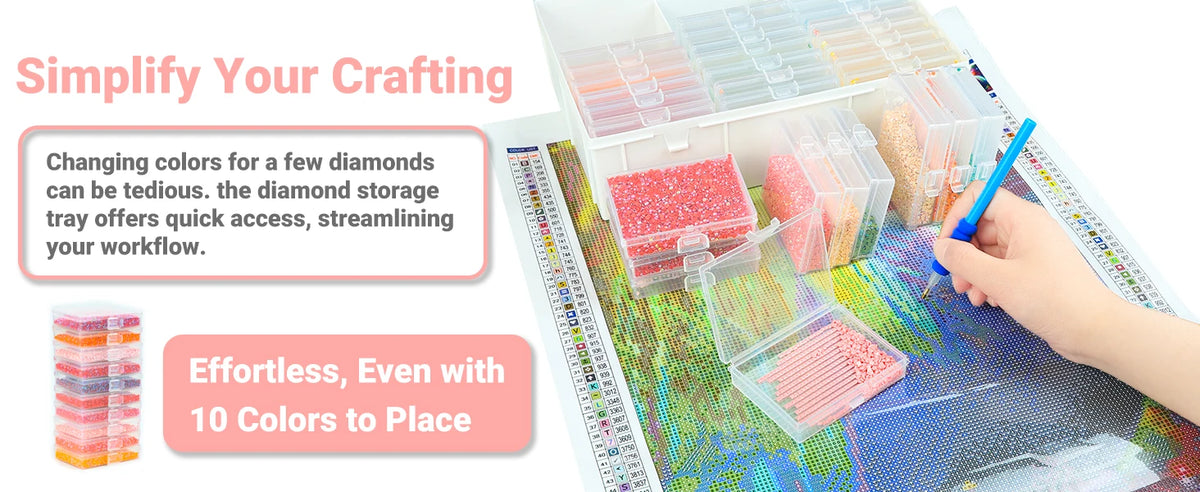 Diamond painting storage trays with lids and an organizer rack showing various colored diamonds.