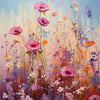 A vibrant painting of a lavender flower field with pink, purple, and yellow blooms against a soft blue sky.