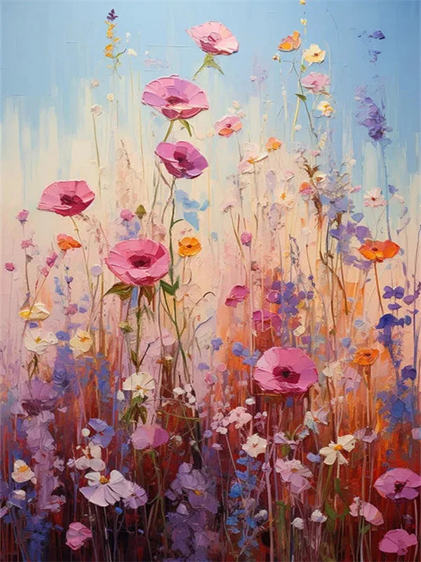 A vibrant painting of a lavender flower field with pink, purple, and yellow blooms against a soft blue sky.