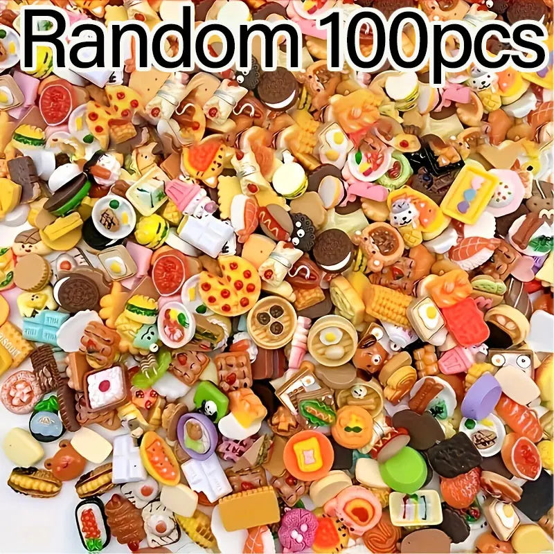 A close-up of a large assortment of miniature food items including cakes, wine, and various snacks.