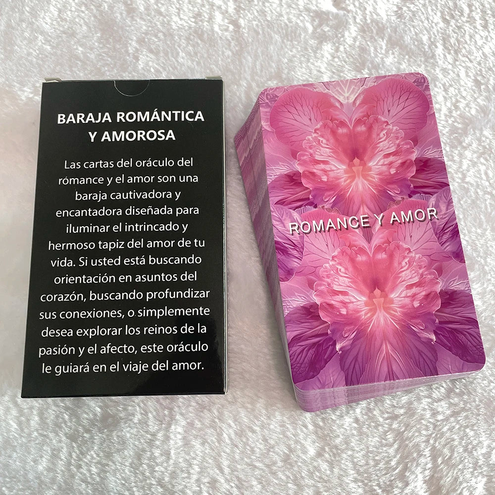 A box of Baraja Romántica y Amorosa cards featuring a pink floral design for romance and love divination.