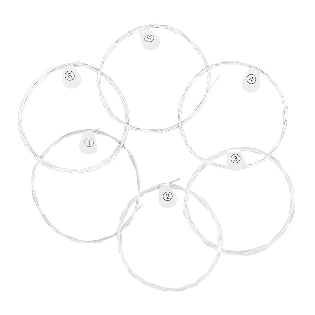 A set of six clear nylon and silver-plated copper wound classical guitar strings arranged in a circular pattern.